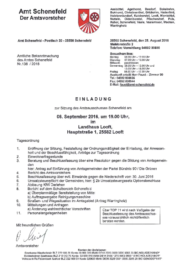 Amtsausschuss des Amtes Schenefeld am 06.09.2016; BK 138/2016