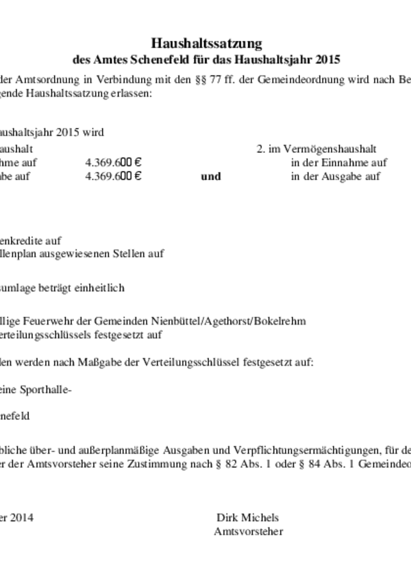 Haushaltssatzung des Amtes Schenefeld für das Haushaltsjahr 2015; BK 275/2014