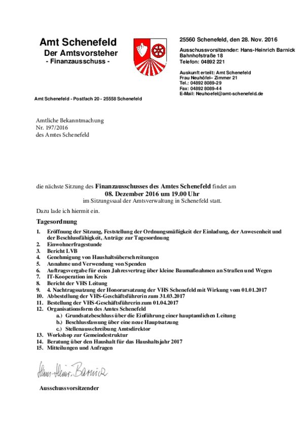 Finanzausschuss des Amtes Schenefeld am 08.12.2016; BK 197/2016