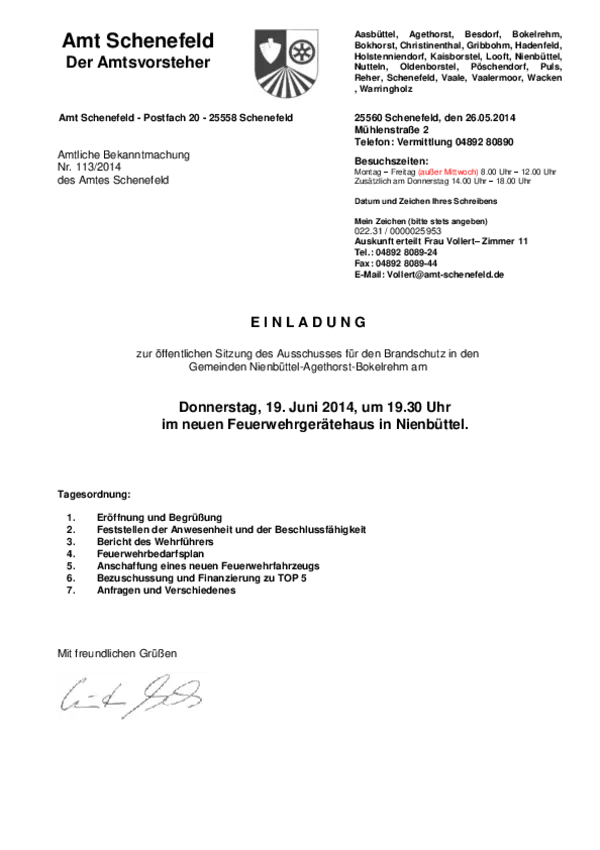 Ausschuss für den Brandschutz in den Gemeinden Nienbüttel-Agethorst-Bokelrehm; BK 113/2014