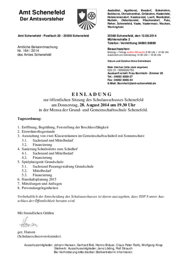 Schulausschuss Schenefeld am 28.08.2014; BK 164/2014