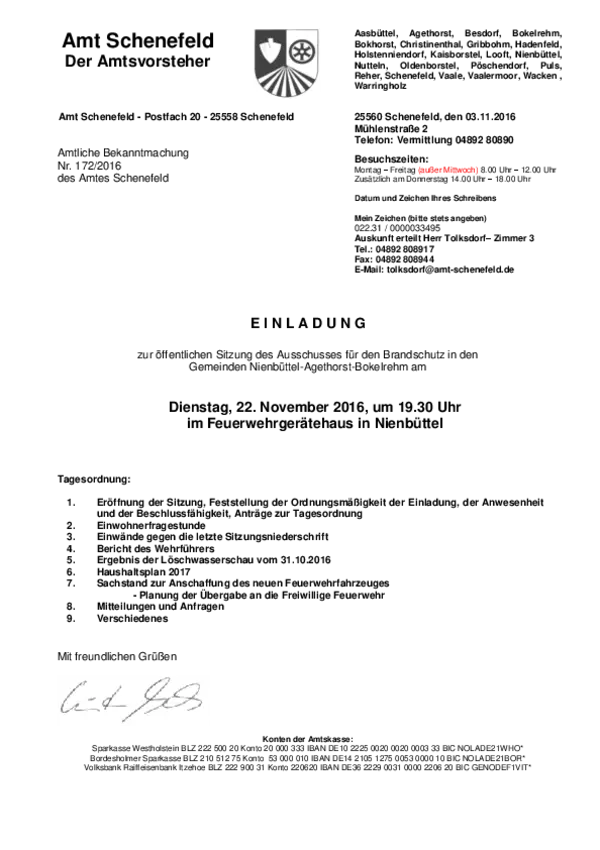 Ausschuss für den Brandschutz in den Gemeinden Nienbüttel-Agethorst-Bokelrehm; BK 172/2016