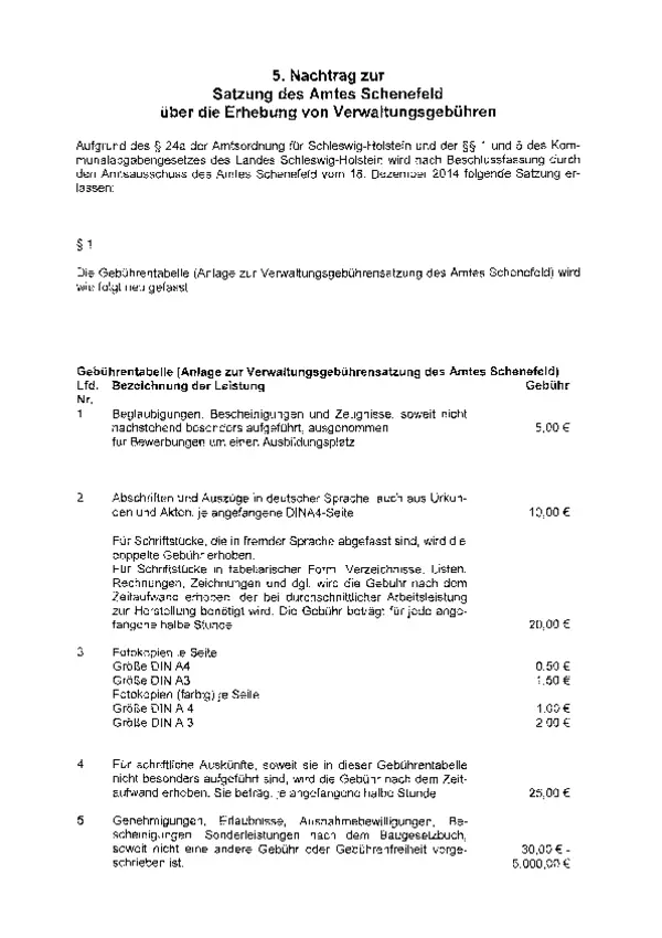 5. Nachtrag zur Satzung des Amtes Schenefeld über die Erhebung von Verwaltungsgebühren