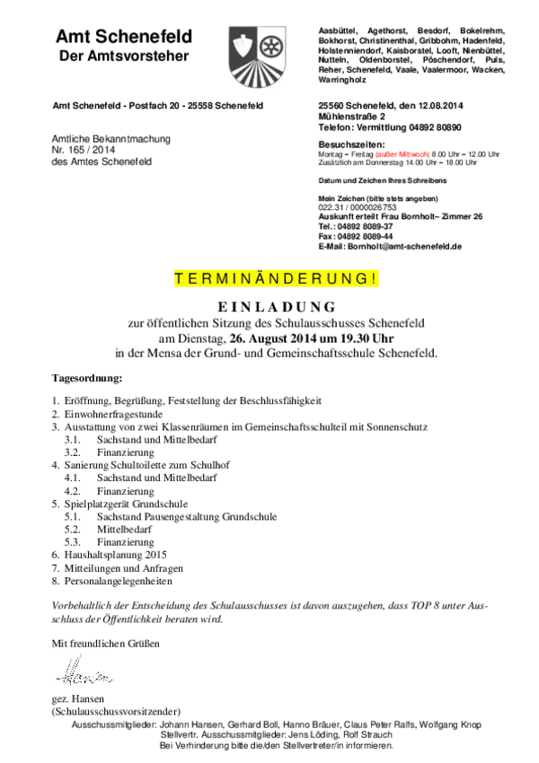 Terminänderung - Schulausschuss Schenefeld am 26.08.2014; BK 165/2014