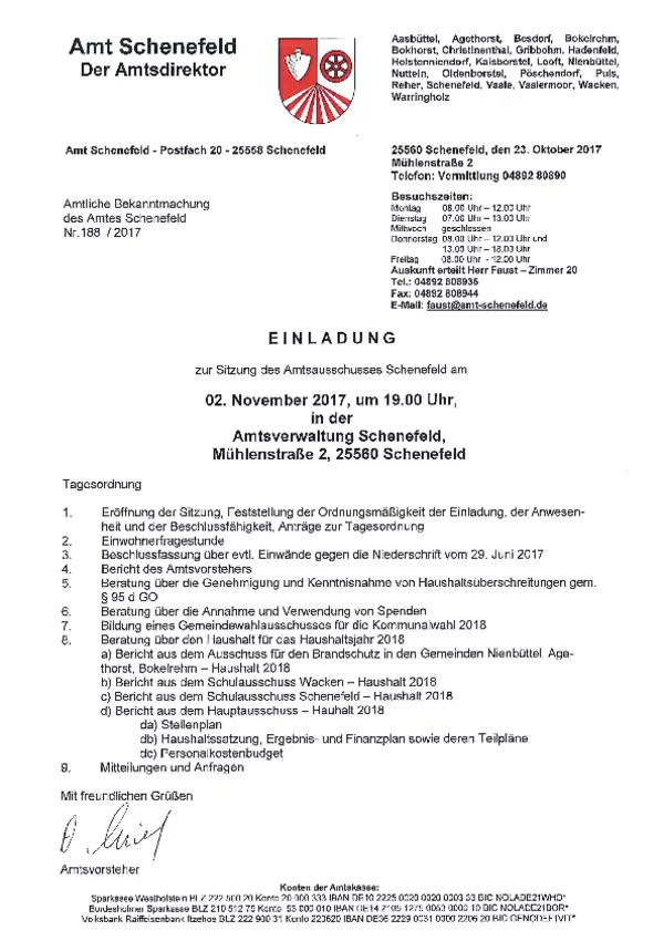 Amtsausschuss des Amtes Schenefeld am 02.11.2017; BK 188/2017