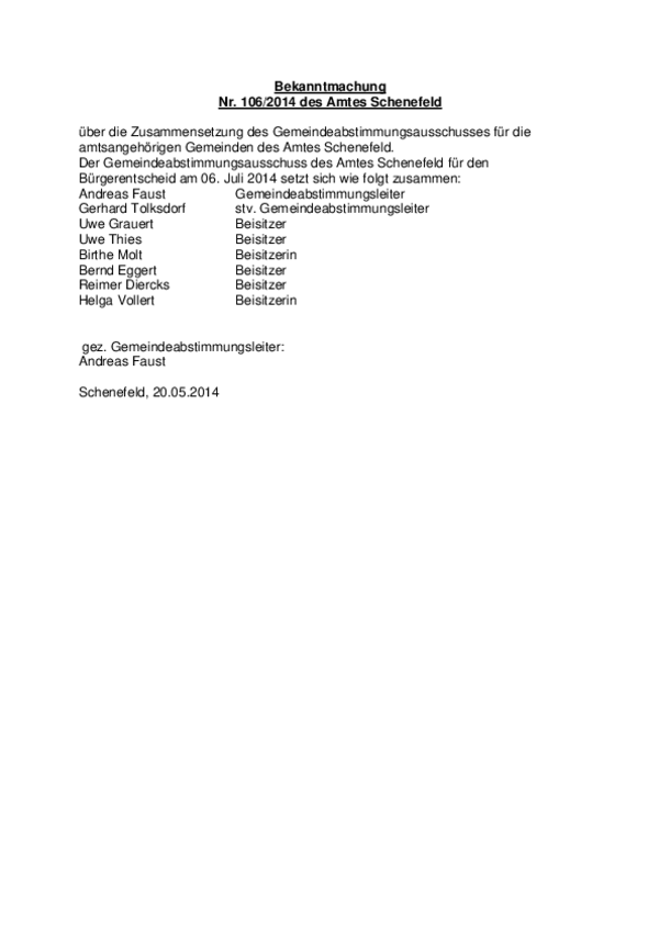Bekanntmachung Gemeindeabstimmungsausschuss; BK 106/2014