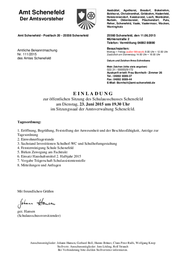 Schulausschuss Schenefeld am 23.06.2015; BK 111/2015