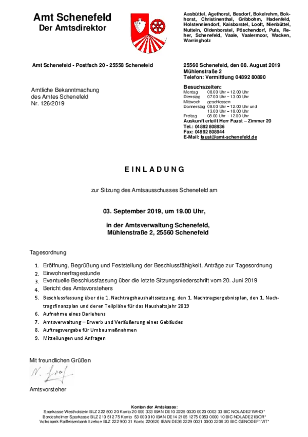 Amtsausschuss am 03. September 2019; BK 126/2019