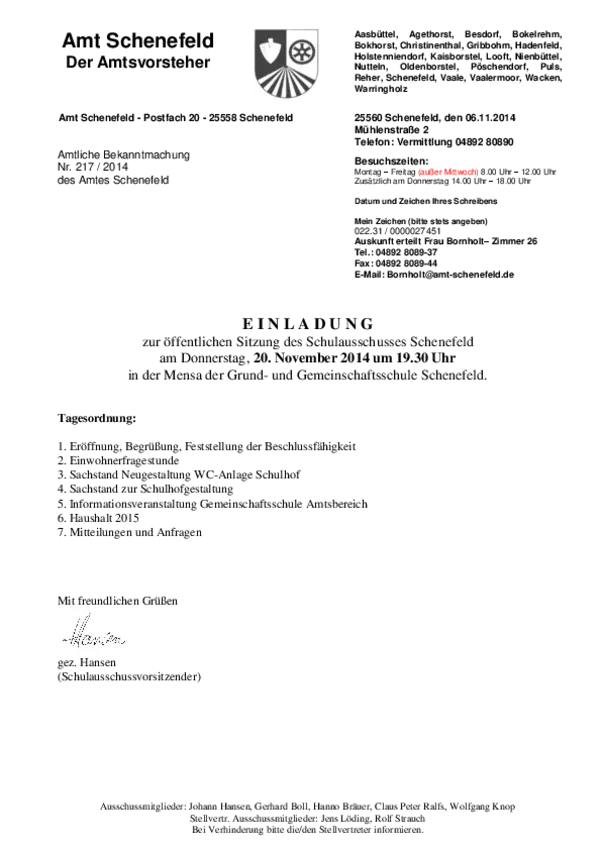 Schulausschuss Schenefeld am 20.11.2014; BK 217/2014