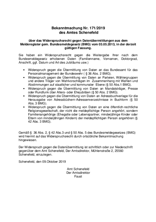 Bekanntmachung über das Widerspruchsrecht gegen Datenübermittlungen aus dem Melderegister gem. Bundesmeldegesetz (BMG) vom 03.05.2013, in der derzeit gültigen Fassung. BK 171/2019