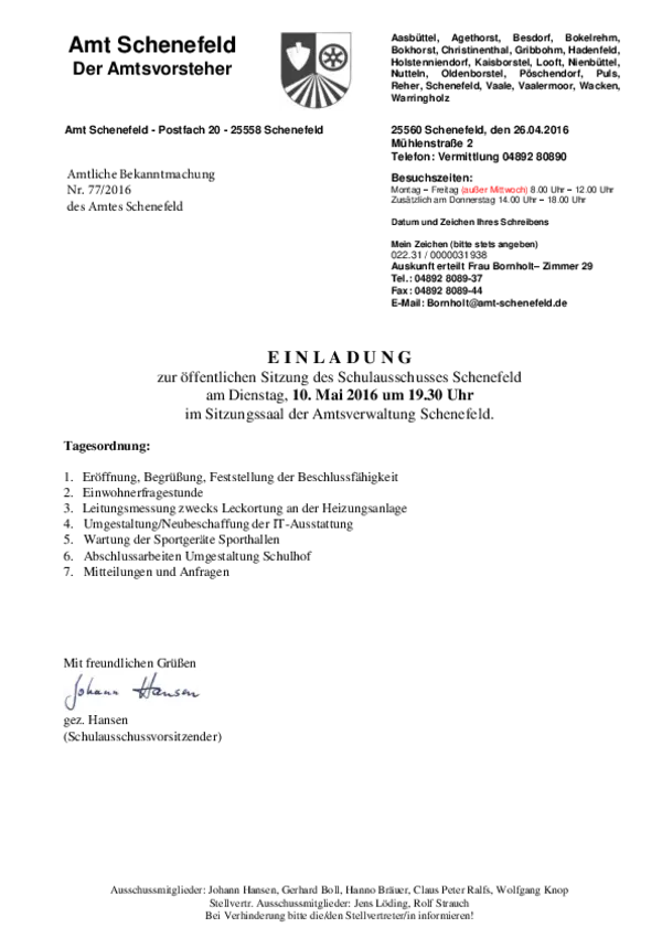 Schulausschuss Schenefeld am 10.05.2016; BK 77/2016