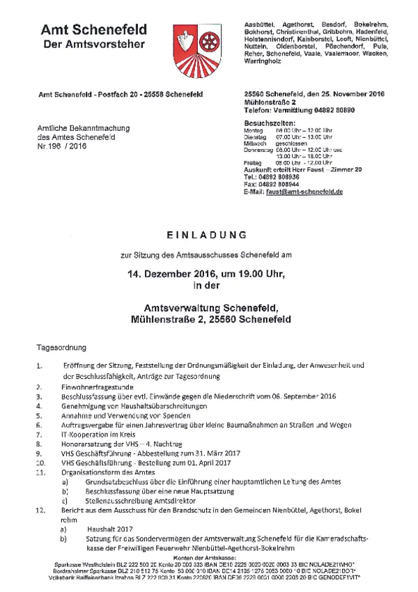 Amtsausschuss des Amtes Schenefeld am 14.12.2016; BK 196/2016
