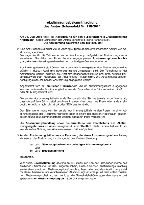 Abstimmungsbekanntmachung des Amtes Schenefeld Nr. 118/2014