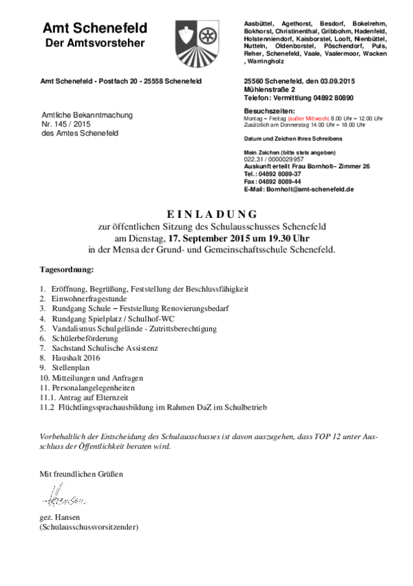 Schulausschuss Schenefeld am 17.09.2015; BK 145/2015